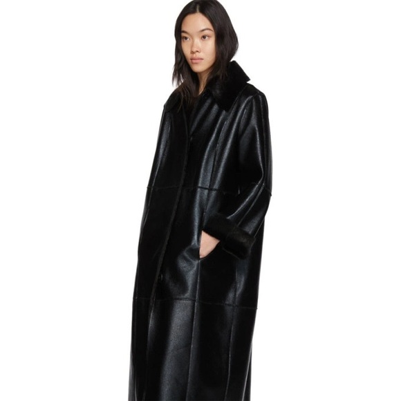 ANTHROPOLOGIE STAND STUDIO Nino Black Faux Leather Fur Lined Snap Front Coat - Picture 4 of 16
